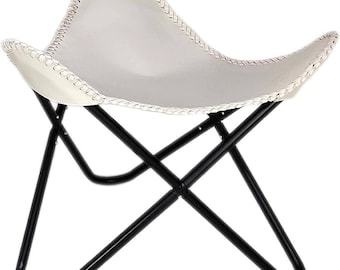 Handmade Leather Butterfly Stool: Folding Foot Stool, Black Iron Stand