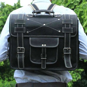 Porte-documents en cuir noir de 18 pouces Sac messager pour ordinateur portable en cuir rétro Sac de bureau Sac à dos pour étudiant