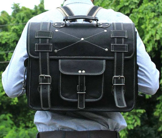 18 inch leather laptop backpack Retro Black Leather 18-inch Laptop Messenger Bag Backpack