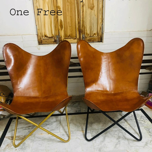 Buy 1 & Get 1 Free Leather Living Room Handmade Butterfly Chair Leather Accent Relaxing Chair Leather Folding Chair Gift for Him