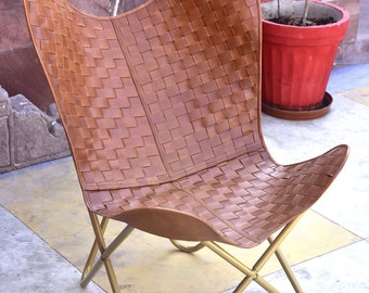 Handmade Brown Leather Butterfly Chair with Golden Frame