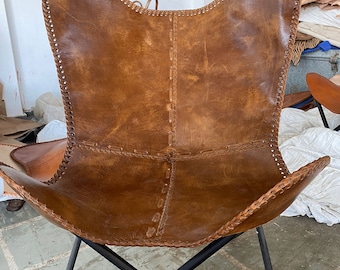 Dark Brown Leather Butterfly Chair: Handmade Accent Living Room Seating chair