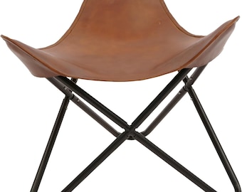 Handmade Leather Butterfly Stool: Folding Foot Stool, Black Iron Stand