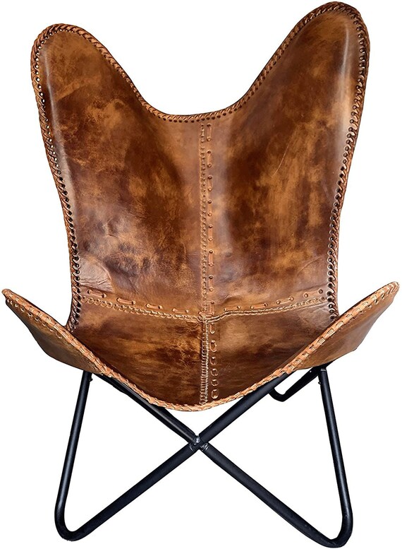 ダークブラウンレザーのバタフライチェア：折りたたみ式アイアン