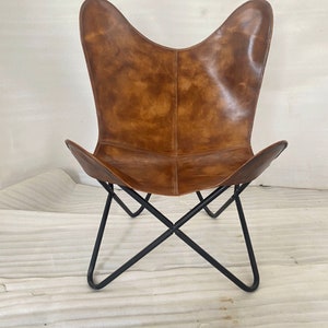 Accent Chair Antique Leather Living Room Chair butterfly chair Handmade Powder coated iron black folding frame with Butterfly cover