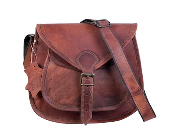 Bolso bandolera de cuero marrón hecho a mano: alforja rústica vintage
