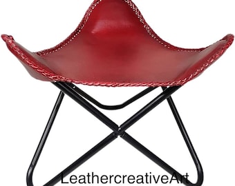 Handmade Red Leather Butterfly Stool: Folding Iron Frame Footstool