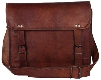Sac messager en cuir marron : sacoche pour ordinateur portable 15 pouces pleine fleur