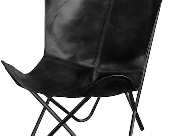 Black Leather Butterfly Chair: Living Room Accent Chair, Powder Coated Frame