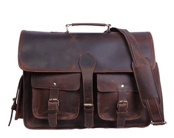 Buffalo Leather 18 Inch Vintage Handmade Leather Travel Messenger Office Crossbody Bag Laptop Briefcase College bag (Dark Brown)