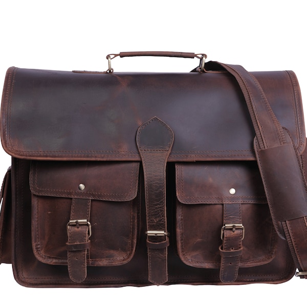 Handmade Vintage Buffalo Leather Briefcase: 18 Inch Messenger Laptop Bag