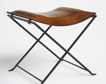 Melton Brown Leather Stool Hunting Camping Chair Living Room Stool Leisure Folding Stool Leather Stool Bar stool