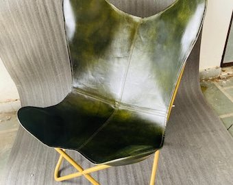 Green Leather Butterfly Chair: Handmade Living Room Lounge Chair