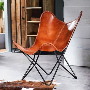 Handmade Classic leather Brown Leather Living Room Chair BKF butterfly chair Leather accent chair, Leather Relaxing chair