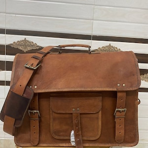 Sac porte-documents en cuir de 18 pouces, sac pour ordinateur portable en cuir, sac messager, sacoche en cuir vintage fait main marron pour ordinateur portable (cadeau de Noël)