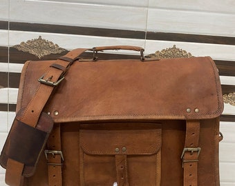 Handmade Full Grain Leather Laptop Messenger Bag: 17.5 Inch Vintage Brown Satchel