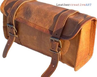 Vintage Leather Motorcycle Saddlebag: Brown Pannier Tool Bag (9.7 x 3.75 x 3 inches)