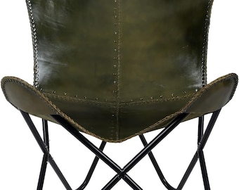 Handmade Green Leather Butterfly Chair: Living Room Accent Chair