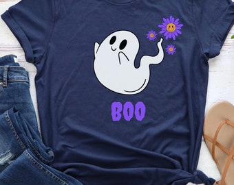 ハッピーハロウィン、フレンドリーゴーストTシャツ、不気味なTシャツ、トリックオアトリート、秋のシャツ、フラワーゴーストシャツ、秋のTシャツ、遊び心のある秋のシャツ