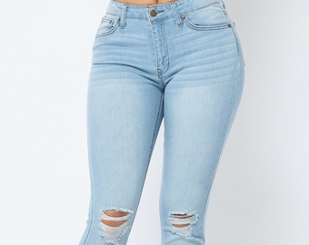 Jeans pants; Ankle length Stone Wash Denim Jeans; light blue distressed jeans