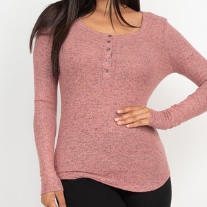 Long sleeve top; Pink or Olive Very Soft Long Sleeve Stretch Top; Round neck with 5 buttons Top