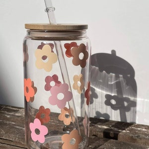 Daisy Pinky Flower Can Glass with straw/16oz  - Glass Can Coffee - Coffee Glass - Gift- Birthday Gift - Personalised - Handmade