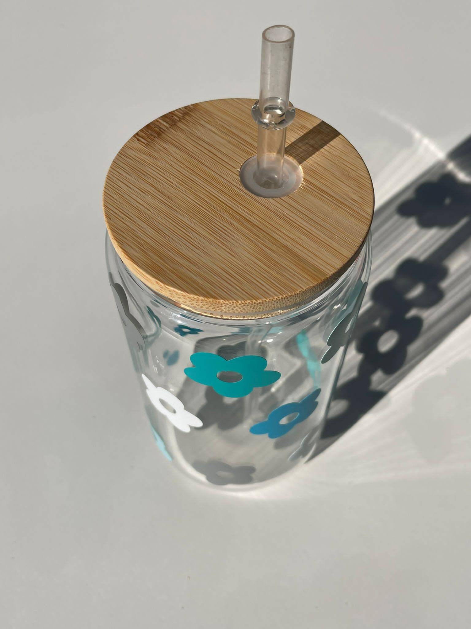 Daisy Blue Flower Glass Can With Bamboo Lid and Straw 16oz -coffee ...