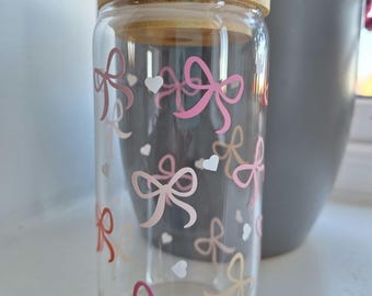 Cute Bows Glass Can with Bamboo Lid and Straw 16oz -Coffee Glass-Personalised-Glass Cup-Birthday Gift-Cute-Tumbler-Girly-Matcha Cup-Hot/Cold