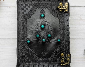 Dark Leather Triquetra Journal with Turquoise Gems
