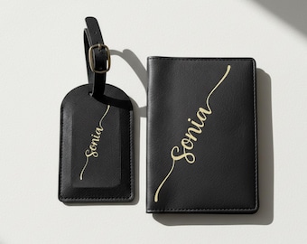 Personalized Passport Cover and Luggage Tag Set, Custom Monogrammed Vegan Leather Travel Gift