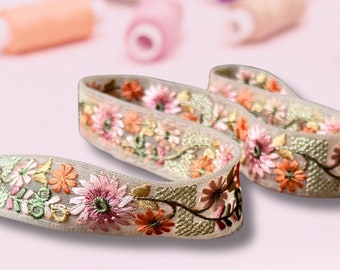 Floral Embroidered Net Fabric Trim: Pink Flower Lace (2.5 cms)