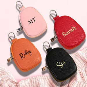 Porte-monnaie en cuir personnalisé avec porte-clés | Étui pour écouteurs en cuir | Petit porte-monnaie en cuir végétalien | Sac porte-clés | Étui à clés zippé