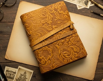 Vintage-Style Floral Leather Journal | Handmade Travel Diary