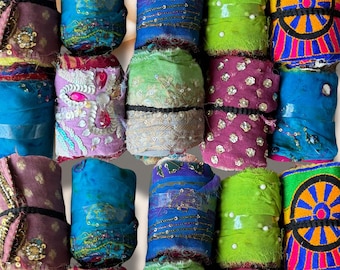 Embroidered Sari Silk Ribbon Roll: Recycled Yarn, Lace Trim (40-45 Yards)