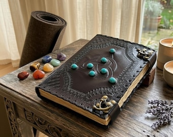 Dark Leather Triquetra Journal with Turquoise Gems
