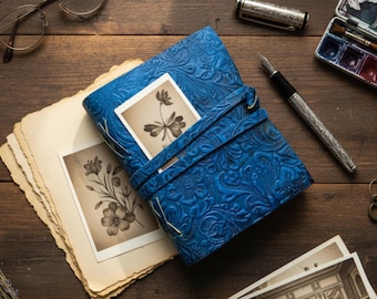 Embossed Blue Leather Journal | Floral Pattern Notebook for Writing & Sketching