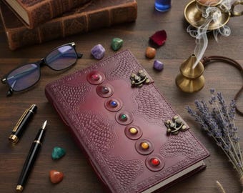 Large Seven Stone Leather Journal | Chakra Journal for Spiritual Growth