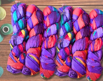 Recycled Silk Sari Ribbon: Jewel Tone Art Yarn, Weaving, Knitting
