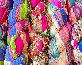 Embroidered Sari Silk Ribbon: Multicolor Chiffon with Sequins, Fiber Arts, 100g