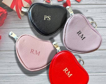 Personalized Leather Heart Coin Pouch Keychain: Mini Zipper Wallet