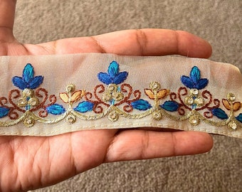 Floral Embroidered Organza Lace Trim with Diamonds