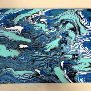 Handmade 11X14 Fluid Art Comb Pour Painting - Blue Comb Swirl