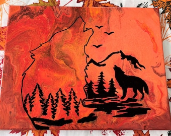 11X14 Handmade Fluid Art Painting - Wolf Howling