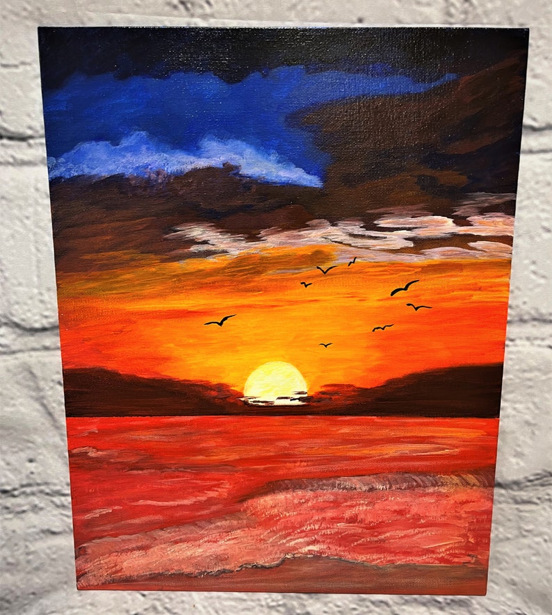 Handmade Unique 11X14 Canvas Board Acrylic Painting Red Sunset image 2