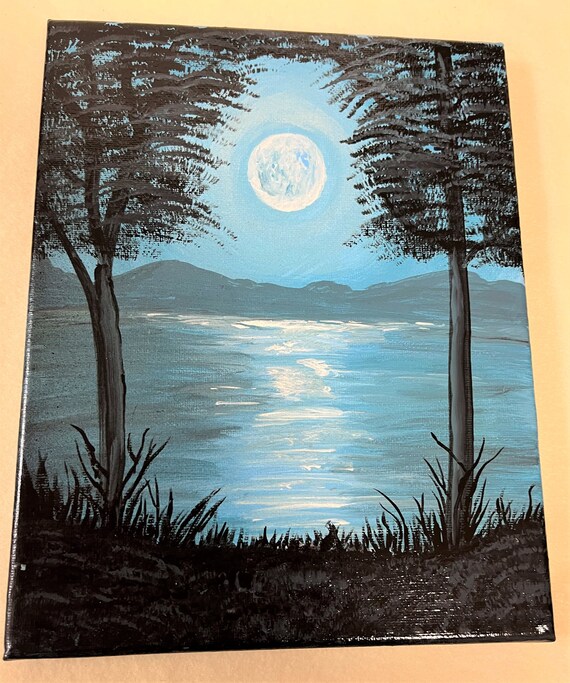 Handmade 8X10 Acrylic Stretch Canvas Painting - Night Ocean Moon