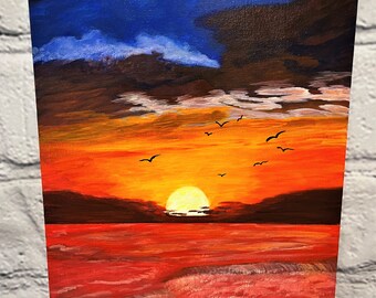 Handgemachtes Einzigartiges 11X14 Leinwand Board Acrylbild - Roter Sonnenuntergang