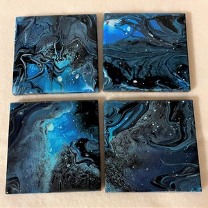 Handmade Fluif Art Flip Pour 4x4 Ceramic Coasters - Underwater