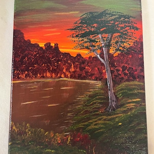 Handmade Original 8X10 Acrylic Painting - Sunset by the Lake
