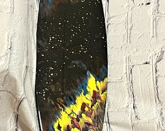 Handmade Original 47 Inch Dutch Pour painting in the shape of a surf board - Cosmic Flames