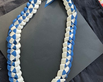 Handmade Hawaiian Ribbon Lei - Slate Blue and White